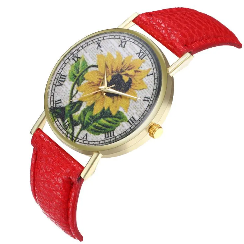 ساعة معصم أزياء جلد فرقة معصم مراقبة عباد الشمس طباعة Quartz Quartz Round Watches Watches Retro Watch Watch