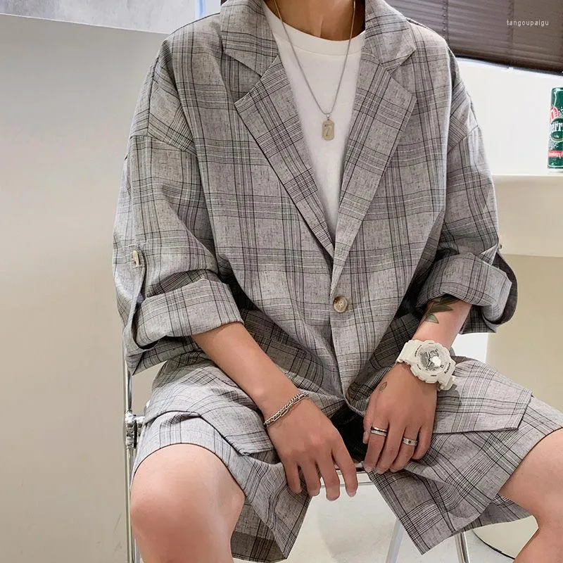 Herenpakken plaid heren casual pak shorts voor mannen Koreaanse mode losse korte mouwen