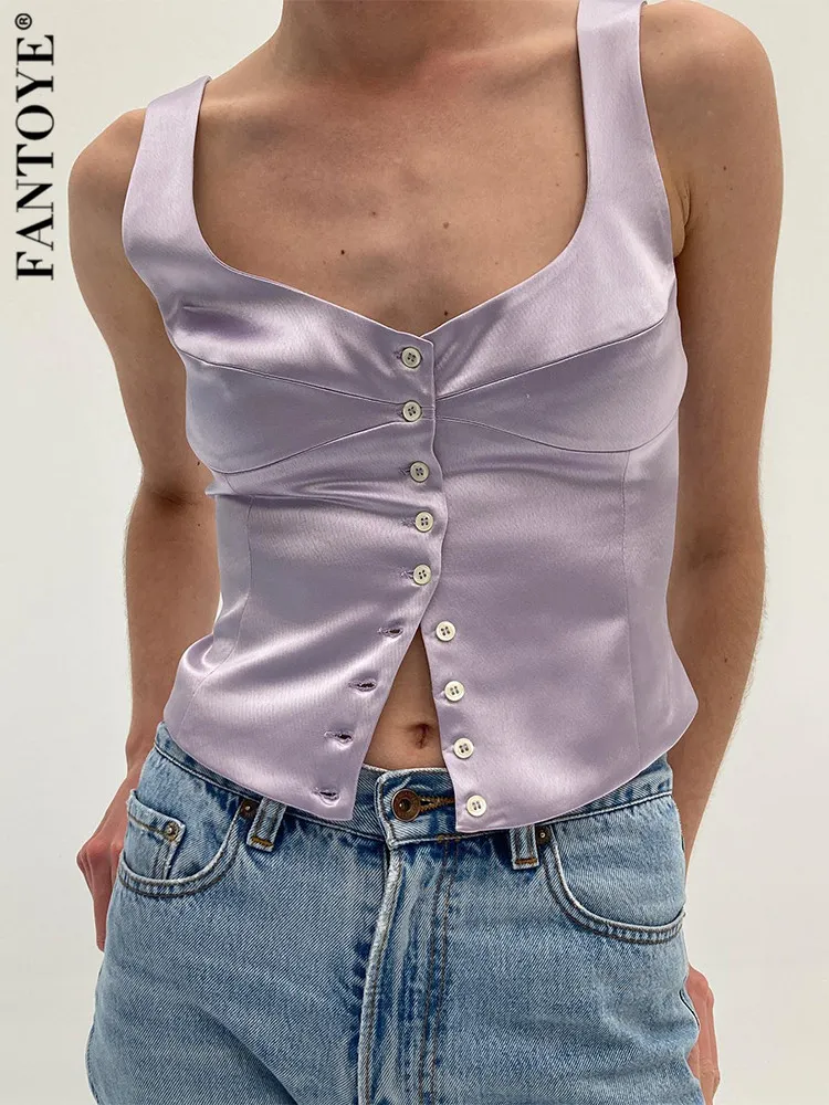 Kvinnors tankar Camis Fantoye Round Collar Single Breasted Tank Top Women Summer Sexig ärmlös elegant Crop Top Solid Casual Ladies Streetwear 230307