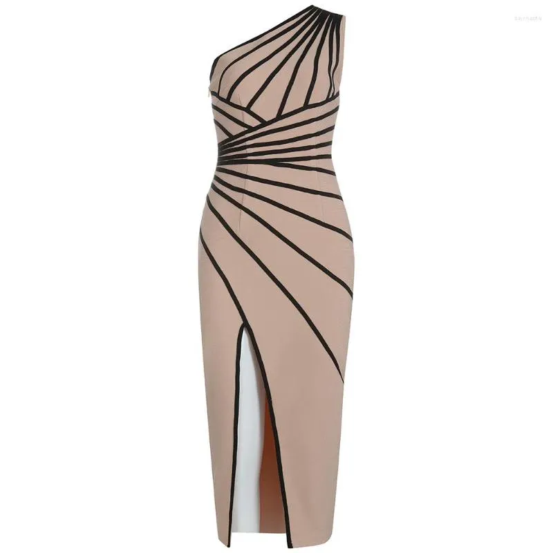 Casual Dresses Slit Chic And Elegant Evening Dress Bandage Slim Beige Party Women Bodycon Vintage Clothes Office Lady One Shoulder Sexy