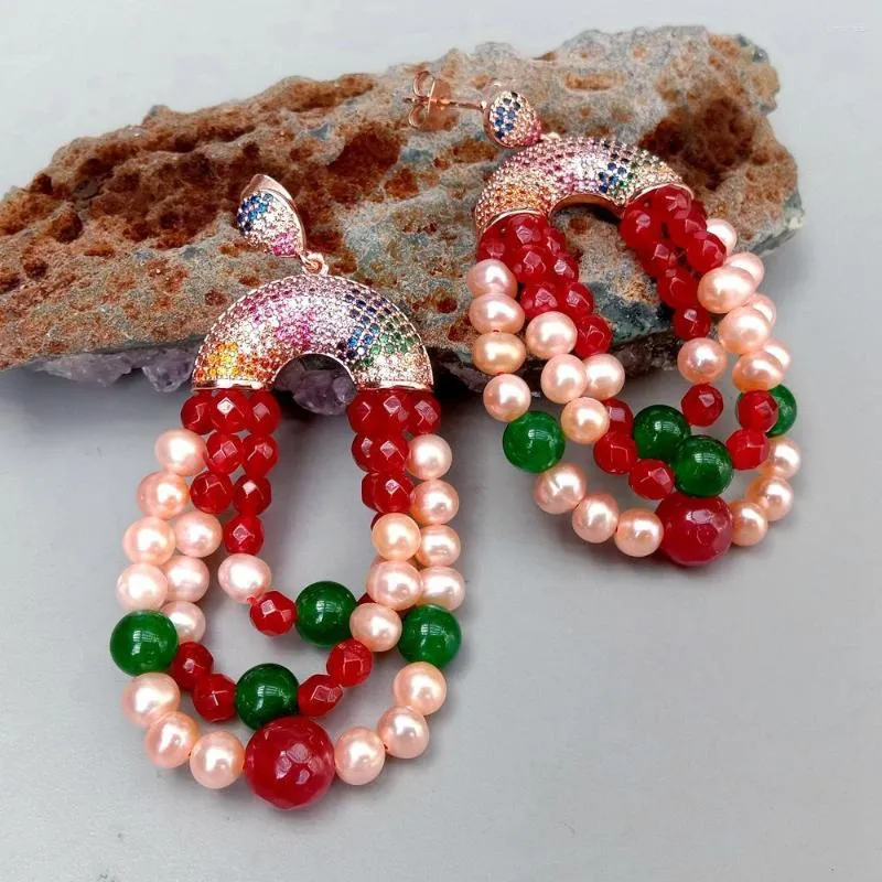 Boucles d'Oreilles KKGEM Plaqué Or Rose Coloré Cz Pave Charme Vert Jade Culture Rose Perle Rouge Dangle