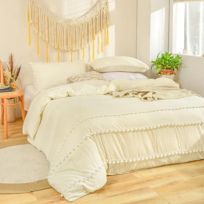 Sängkläder sätter grädde beige täcke täcke set trippel vit boll frans mönster chic boho dropshipers