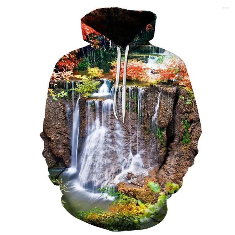 Herrtröjor coola mode 3d tryck roligt unisex vattenfall bergsvatten pullover ärm i streetwear tröja hoodie