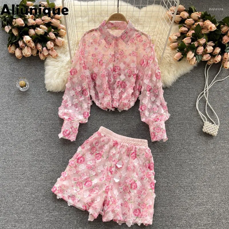 Tweedelige broek van dames Aliunique vrouwen zomer zomerse lange mouw shirt wide been shorts shorts bloemen tweedelige set ontwerper mode losse bedrukte chiffon