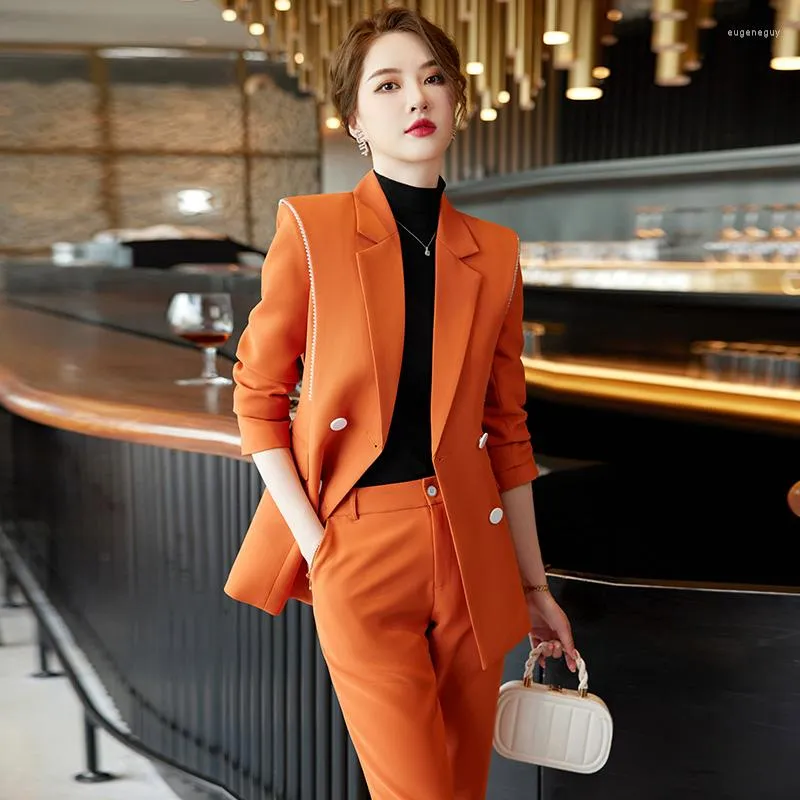 Women's Two Piece Pants 2023 Autumn Winter Formal Ladies OrangeBlazer Women Business Suits With Sets Work Wear Office Uniform 5XL Size