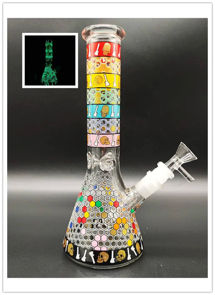 10 Inch Heady Bong Glow In The Dark Hookah Golden Skull Bee Nest Green&Red Glass Beaker Bong Halloween Pipe Glass Water Bottles 14MM Bowl&Stem