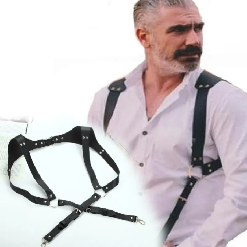 Black Vintage Leather Suspenders Braces Shoulder Strap Belt Harness For Men  