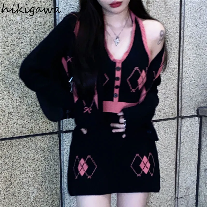 Two Piece Dress Hikigawa Korean Fashion Knit Suit Loose Cardigan Sling Vest Bodycon Mini Skirt Chic Knitted Y2k 3 Set Women Femme Roupas 230306