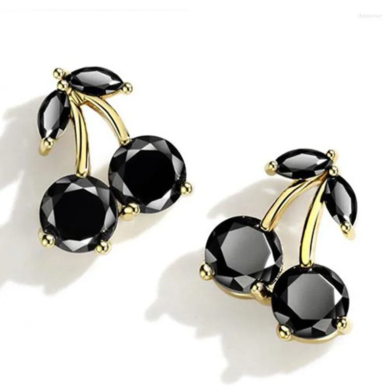 Stud Earrings Japan And South Korea Cherry Cute Little Fresh Black Rhinestone Sweet Simple Fashion Temperament Elegant