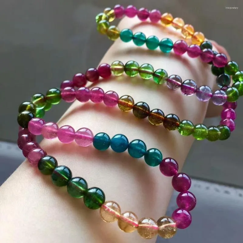 Bracciale in cristallo di tormalina colorata naturale genuina, collana da donna alla moda, elasticizzato, 6,5 mm, perline rotonde trasparenti, 3 giri