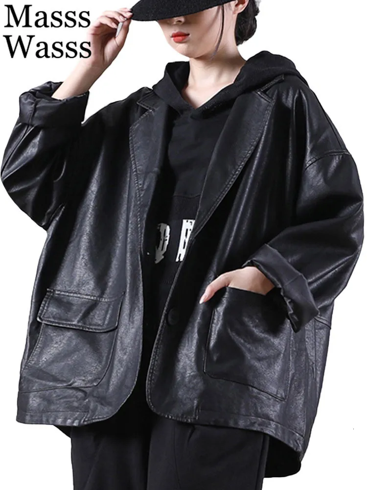 Women's Jackets Masss Wasss Autumn Fashion Faux Leather Loose Black Casual Biker Coats Ladies Harajuku Punk Pu Outerwear 230307