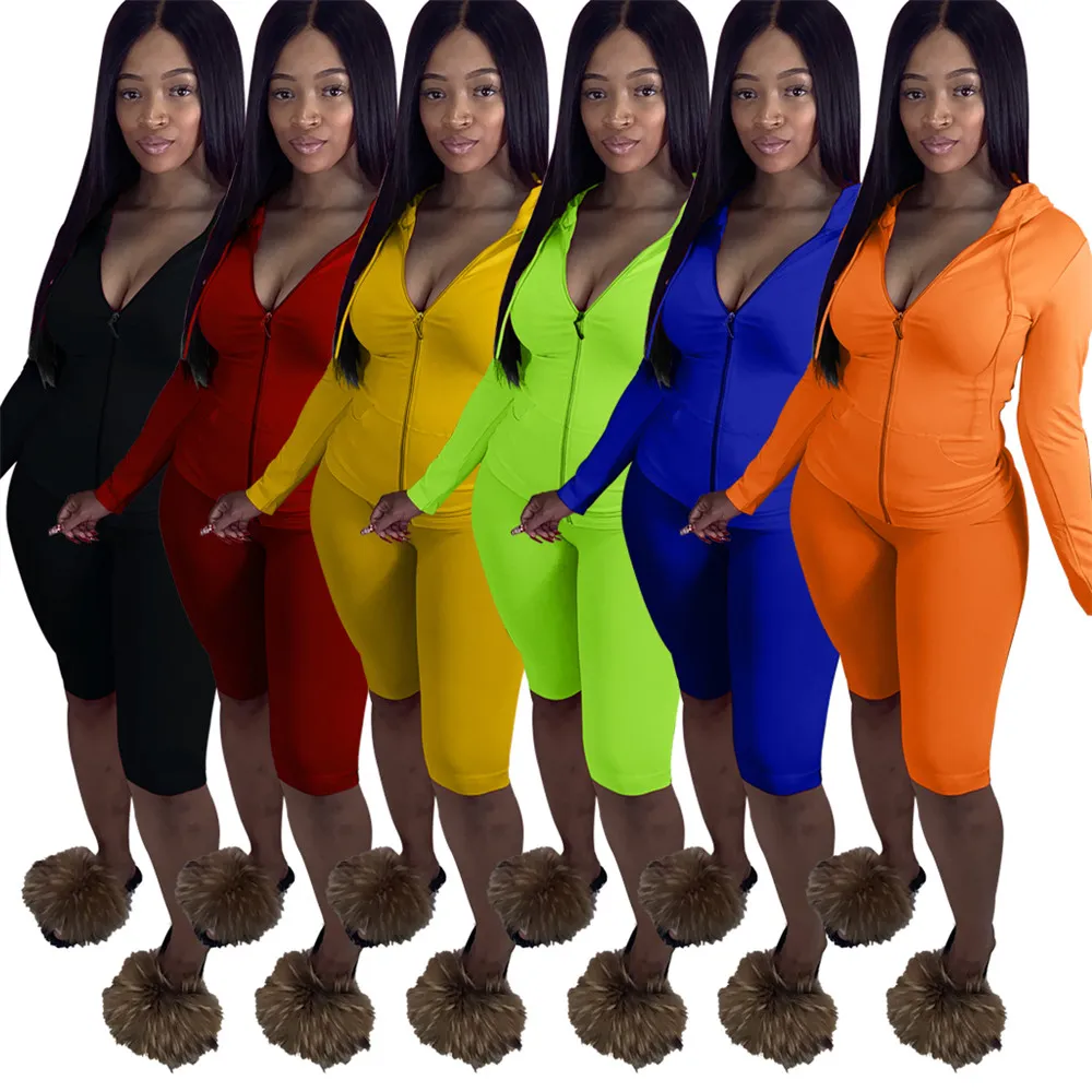 2023 Designer Summer Tracksuits Two Piece Sets Women Outfits Long Sleeve Hooded Jacekt and Shorts Casual Sportswear Sweatsuits Bulk items Wholesale Clothing 9407