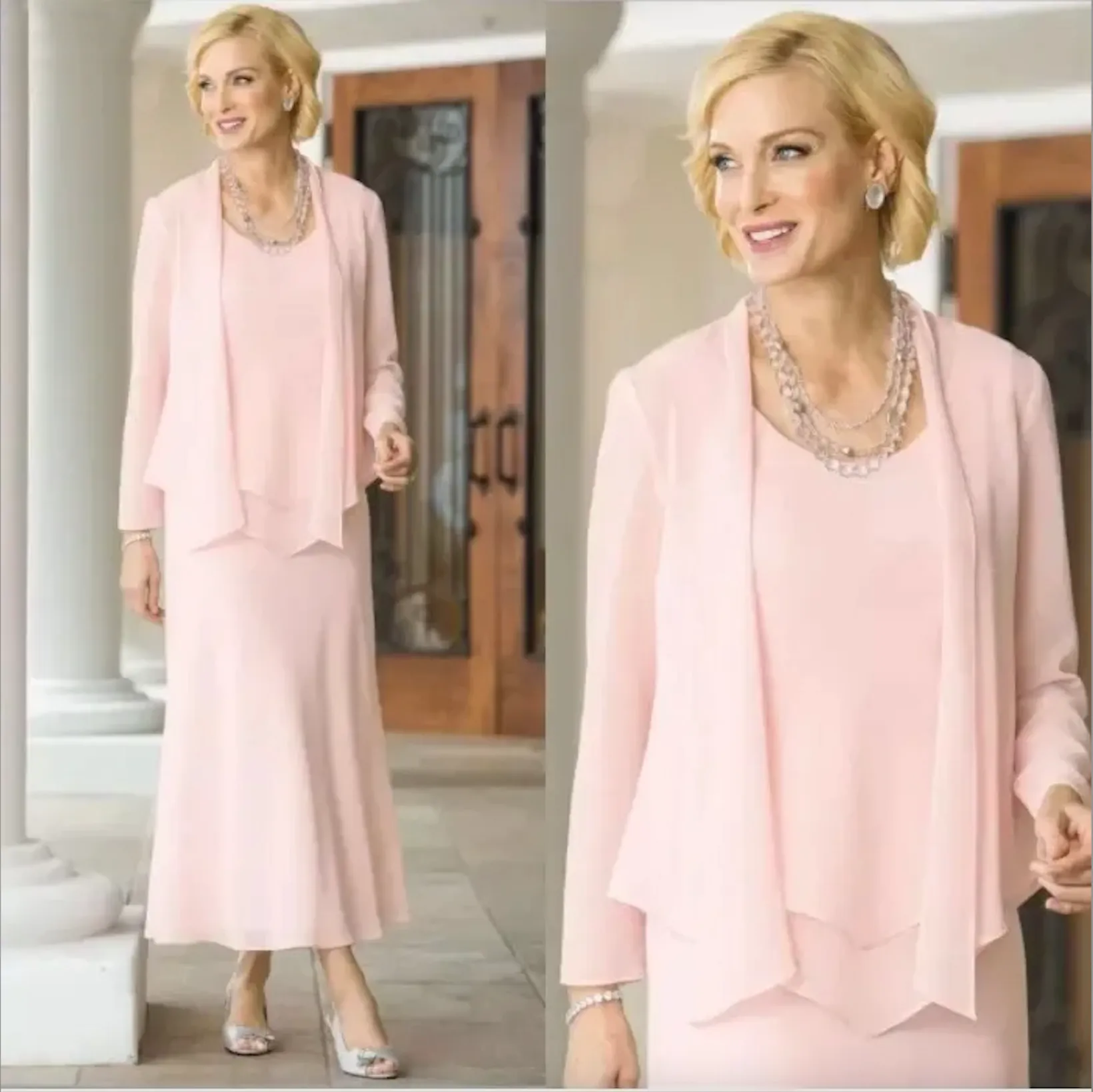 Blush roze schede moeder van de bruid jurken met lange mouwen jas drie stukken chiffon enkel lengte vrouwen formele feest bruidegom moeders jurk voor bruiloft