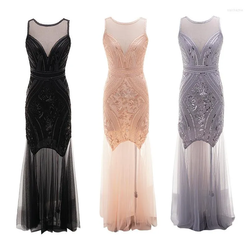 Casual Dresses Women Vintage 1920s Great Gatsby Dress Flapper Party Sleeveless V Back Sheer Long Vestido Embellished Beaded Sequin