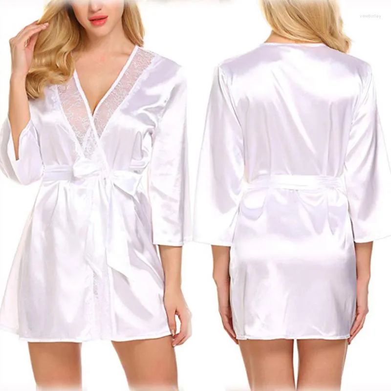 Kadınların Pijama Moda Seksi Kadınlar Çöp Banyosu Sıradan Katı Dokuz Dakika Kollu Dantel Ekleme Nedime Peignoir Mariage Nightwear