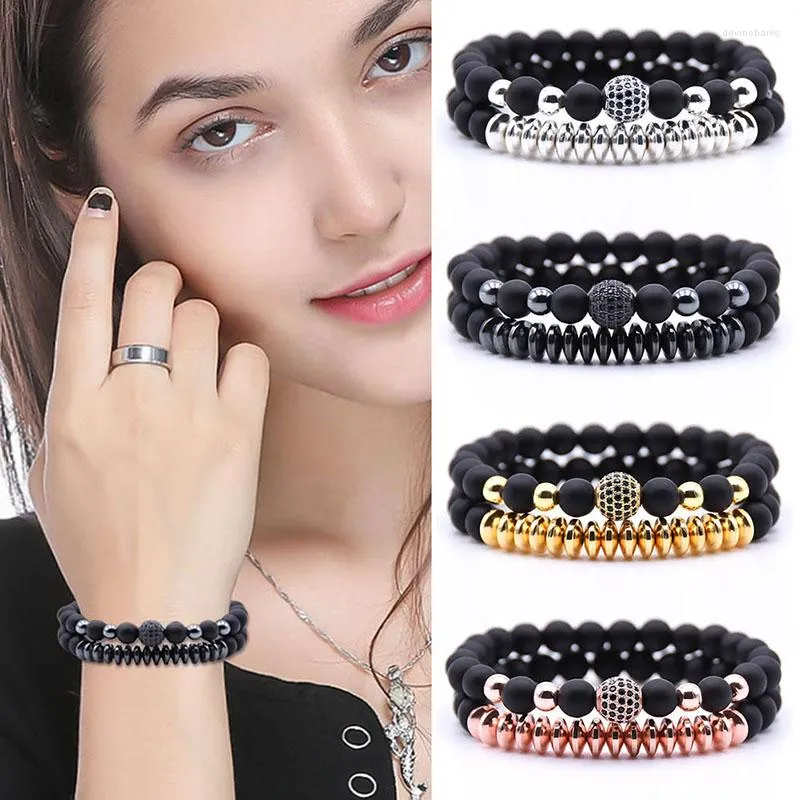 Strand 2 Teile/satz Charme Unisex Natürliche Magnetische Energie Stein Mehrschichtige Perlenarmband Einzigartige Legierung Matt Schwarz Perlen Kupfer Armreif