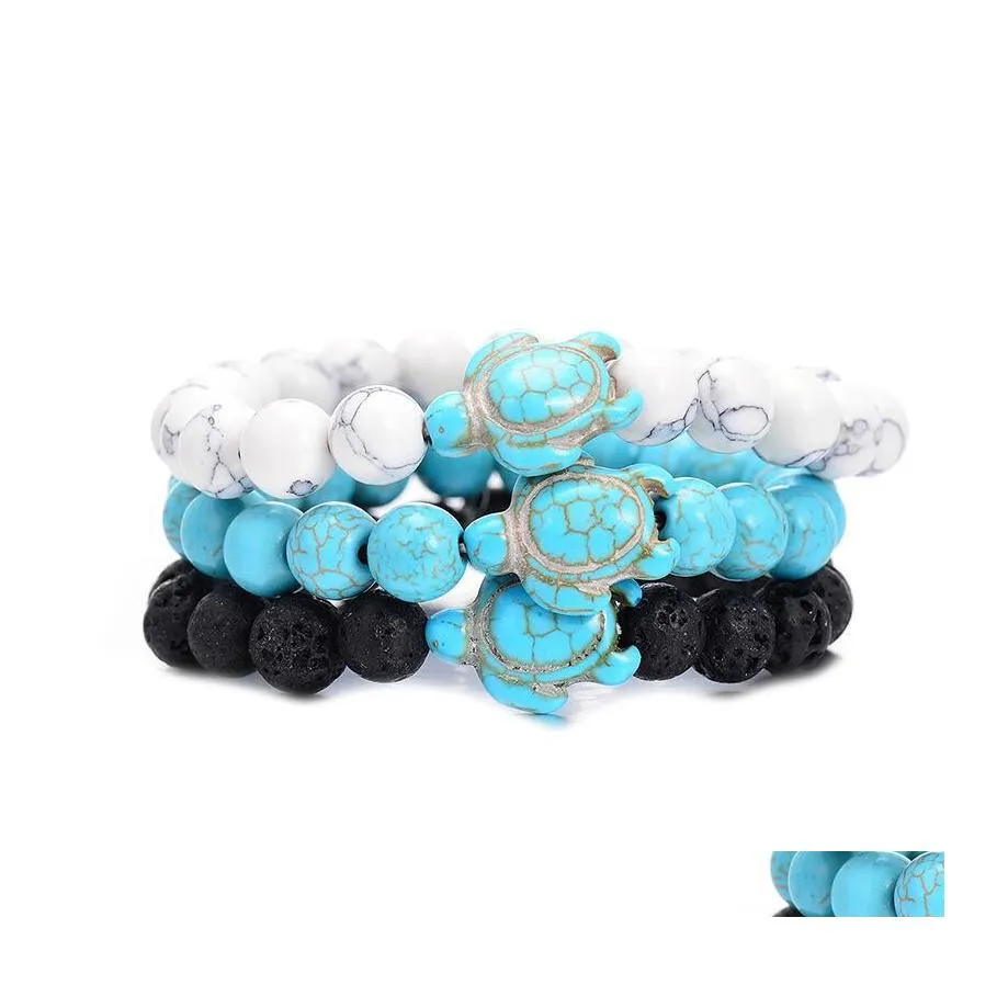 Charm Armband Summer Style Sea Turtle Beads Classic 8mm Turquoise Natural Stone Elastic Friendship Armband Beach For Women Men Je Dhidy