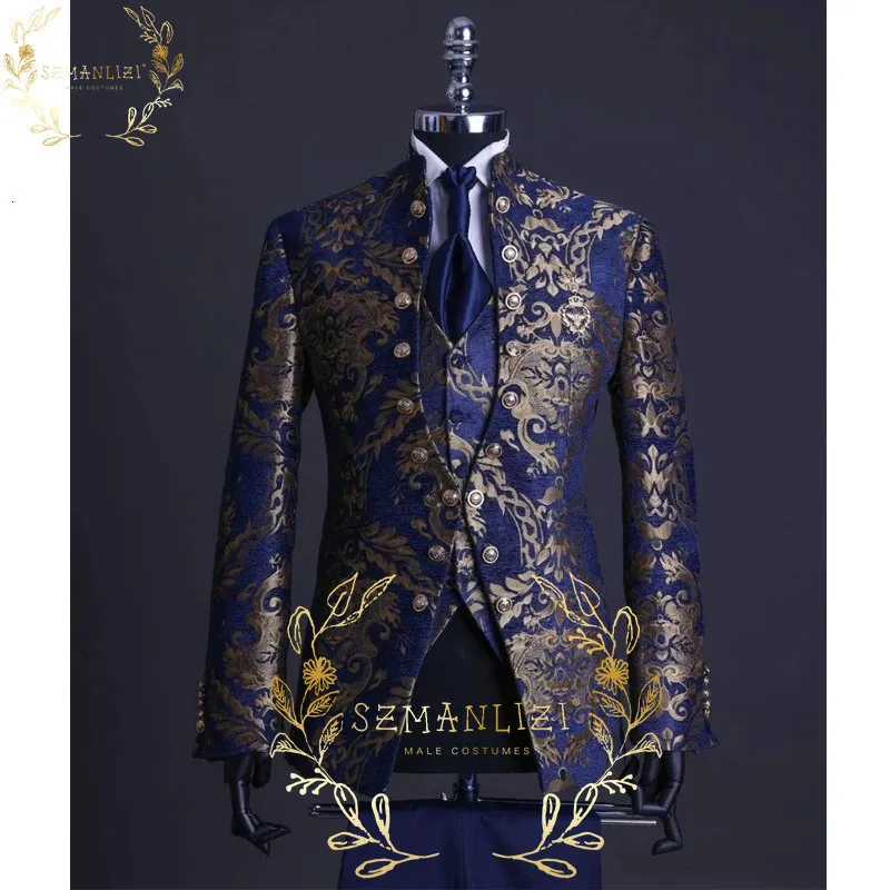 Herrdräkter blazers stilig blå guld blommig fälg män kostym set stativ krage mens bröllop kostymer formell brudgum tuxedo kostym jacka pantsvest 230307