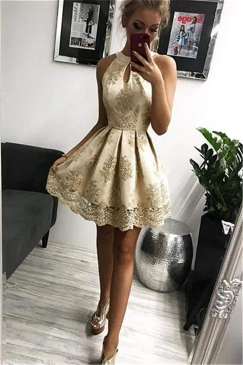 Gold Halter Neck Champagne Gold Homecoming Dress With Appliques Lace