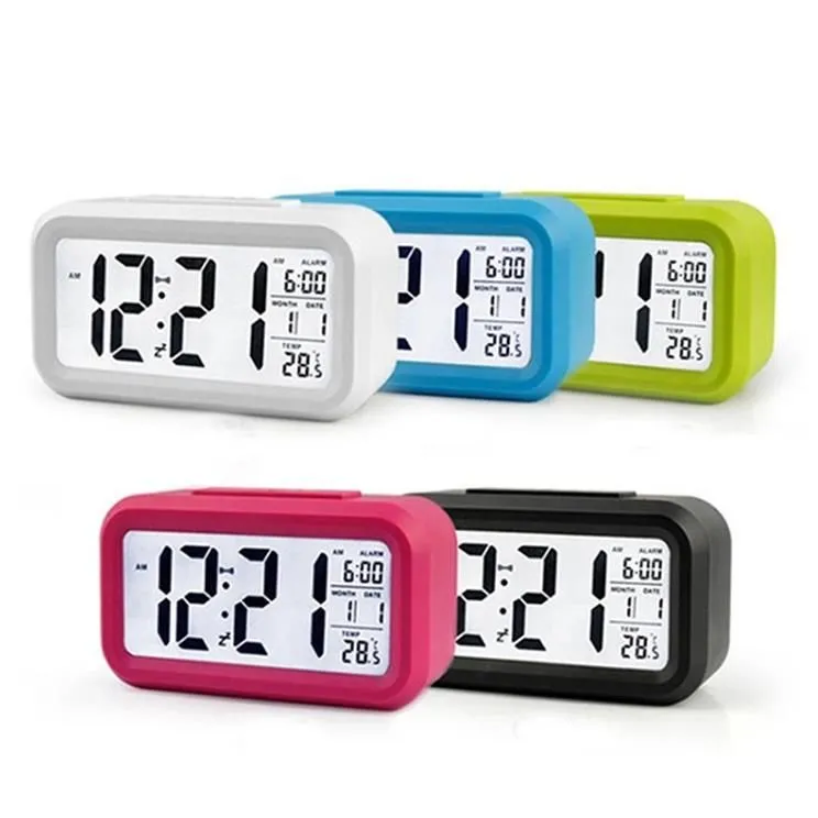 Plastic Mute Alarm Clock LCD Smartkloktemperatuur Leuke lichtgevoelig bed Digitaal alarm Snooze Nightlight Calendar RRA31