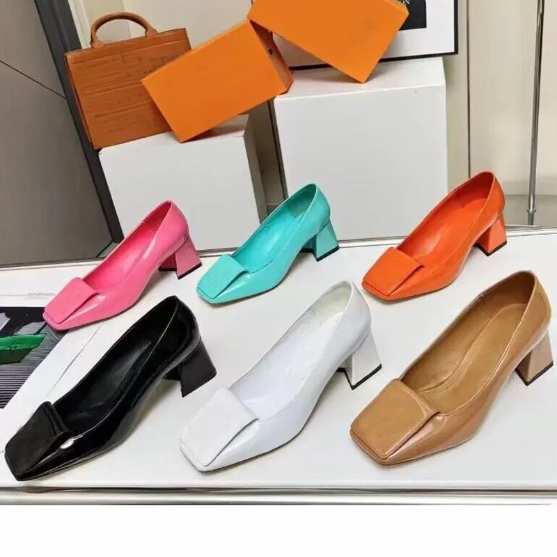 Dress shoes Designer shoe Bright paint leather Thick heel high heels Square metal buckle sandals  Letter women sandal High heeled boat shoes size 34-41-42 With box