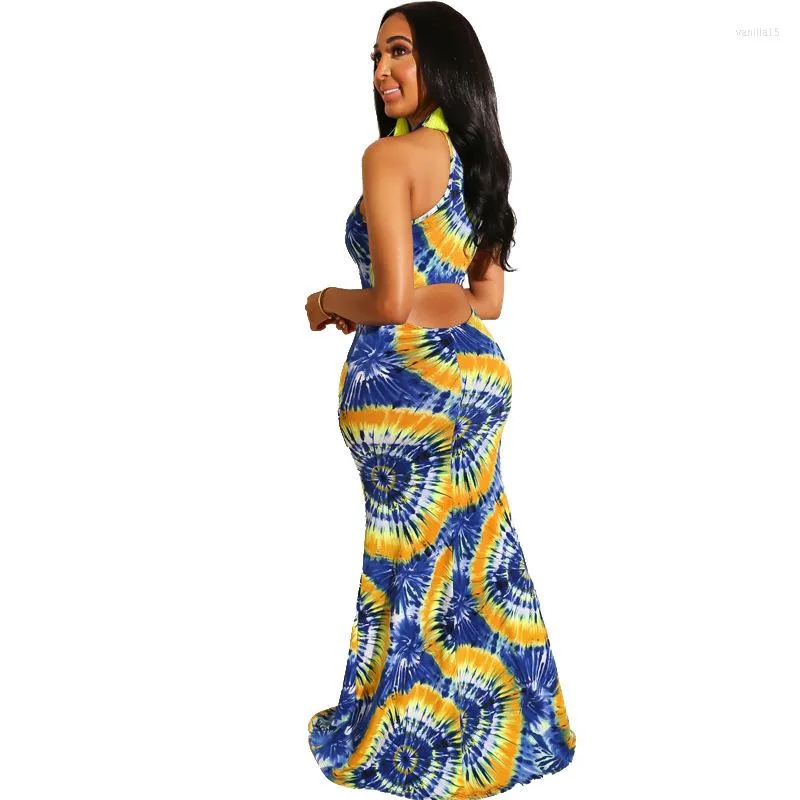 Casual Kleider 2023 Frauen Welle Paisley Print Ärmelloses Cut Out Zurück Meerjungfrau Bodenlangen Maxi Kleid Party Club Nacht Lange