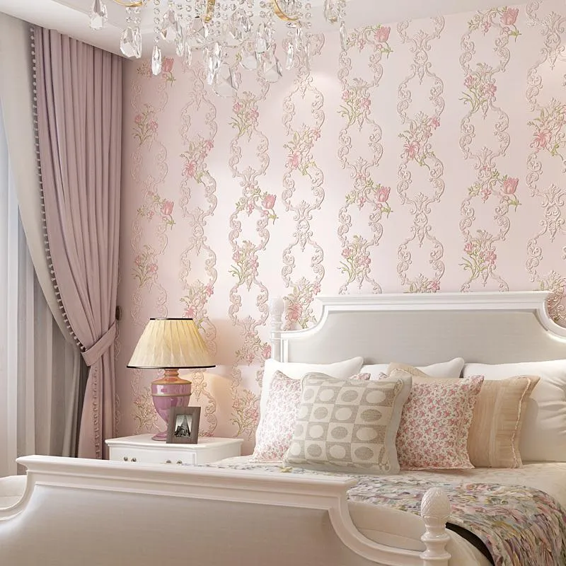 Wallpapers 2023 Arrival Pink Blue Flowers Wallpaper Stripe Curve 3d Romantic Sweet Flower Girl Bedroom Wall Papers Qz033