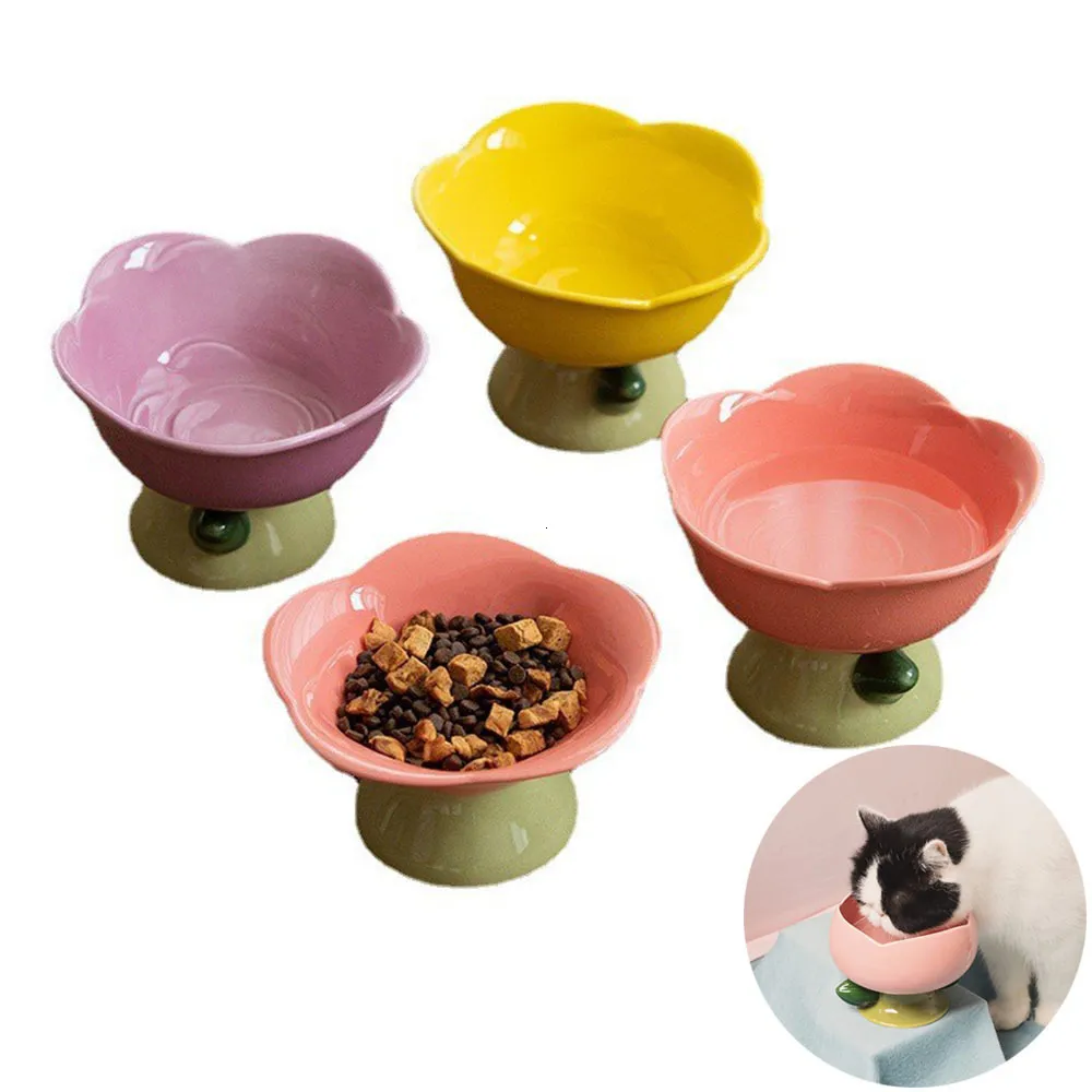 Tazones para perros comederos Lindo cerámica Cat Bowl Forma de flores de pie alto de los pies Alimentador de cachorro Alimento Alimento Agua elevada Plato elevado Suministros de mascotas 230307