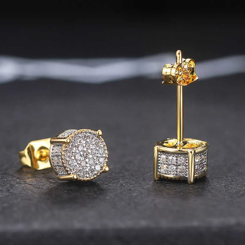 チャームZhouyang Hip Hop Stud Stud Earrings Luxury for Men Gold Color Punk Jewelryアイスアウトジルコンレトロレディースアクセサリー