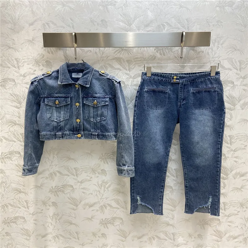 Designer de duas peças de algodão 23SS Conjuntos de calças com botões de letra Brand Girls Milan Runway Jeans Jacking Jacket Outwea