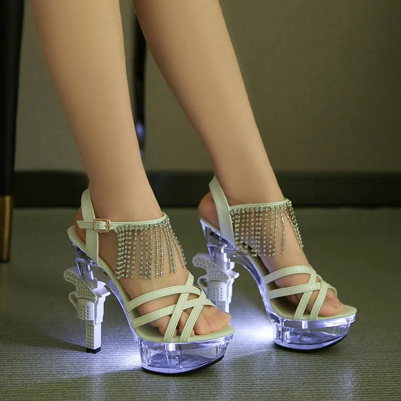 Slippers Stage Shoes 14cm Super High Heel Sandals Nightclub Runway Transparent Luminous Waterproof Platform Shoe RS7P