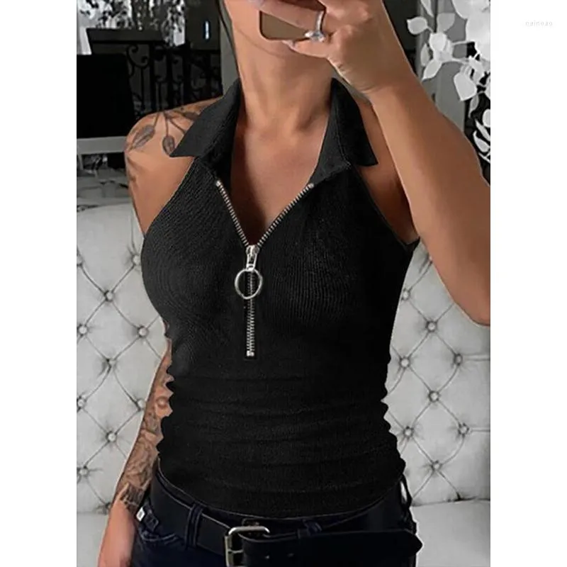 Damen Tanks 2023 Frühling Tank Top Frauen Sexy Weste Sommer Reißverschluss Großer V-Ausschnitt Ärmelloses Hemd Klassisch Solide YK2 Casual Slim Revers