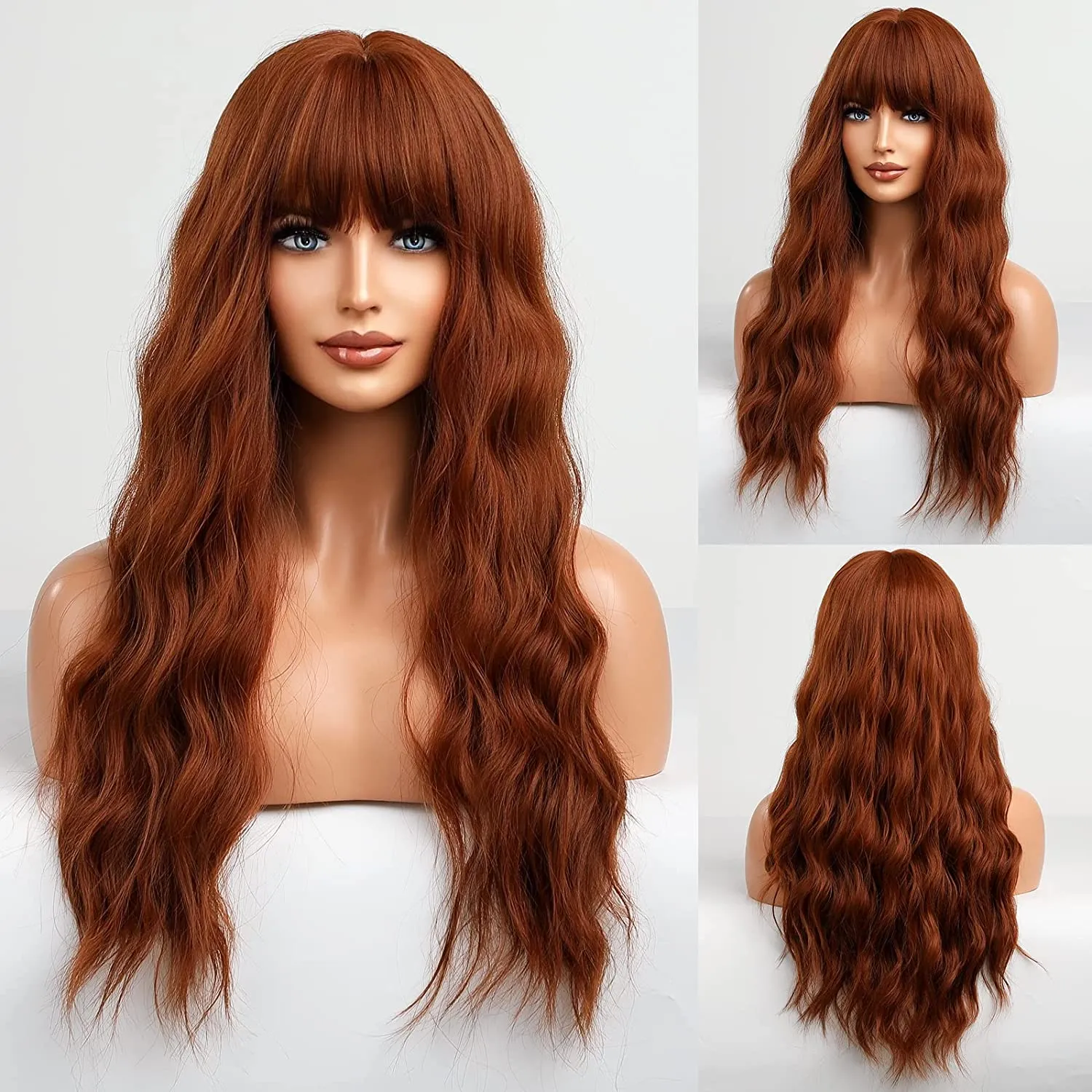 Orange Wig with Bangs Long Copper Red Curly glueless Wigs for Women machine made none lace Auburn full natural reddish brown brazilian hair Wig 150%density