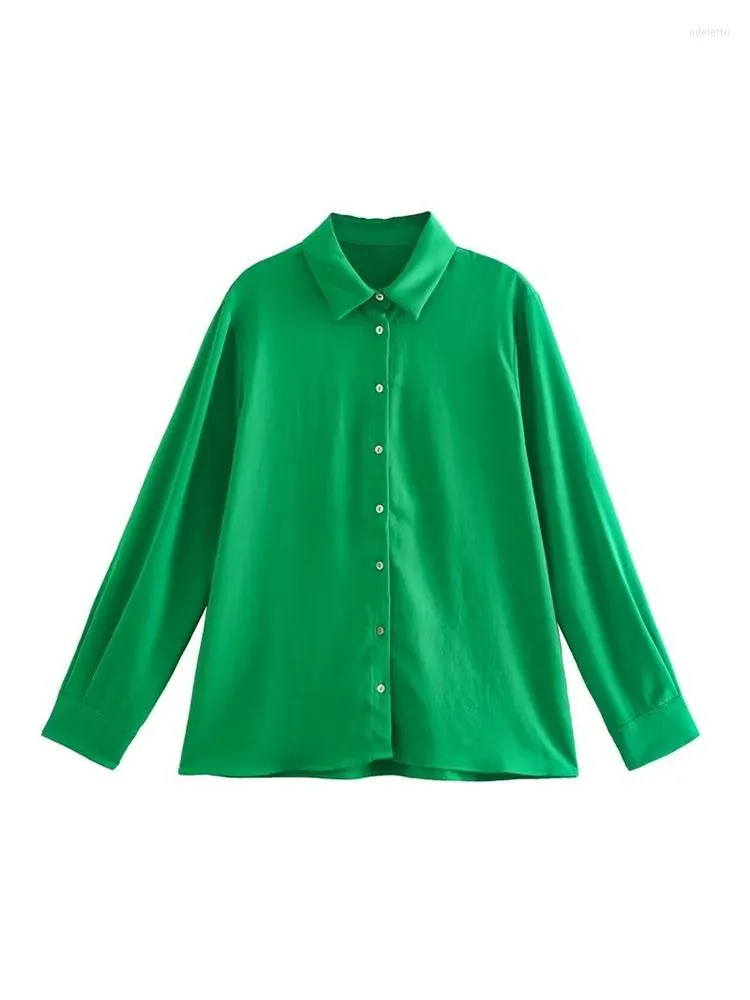 Blouses pour femmes XEASY 2023 femmes mode chemise verte décontracté à manches longues simple boutonnage revers femme Chic hauts