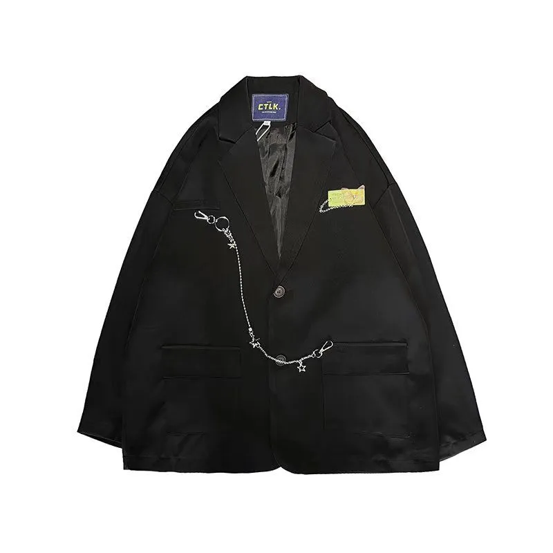 Blazer da uomo Giacca a catena nera Bavero piatto Abito ampio Cappotto monopetto a maniche lunghe