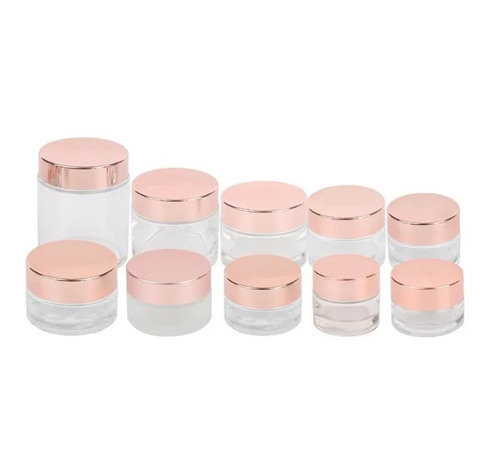 Kwaliteit Frosted Clear Glass Face Cream fles Cosmetische Jar Lotion Lip Balmcontainer met Rose Gold Deksel 5G 10G 15G 20G 25G 30G 50G 100G