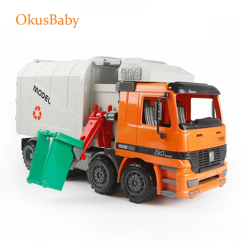 Diecast model groot formaat kinderen simulatie vuilniswagen sinaasappel truck sanitaire auto speelgoed speelgoed speelgoed met 1 afval kan met de hand strelen werken 230308