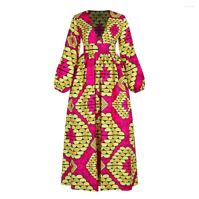 Ethnic Clothing African Style Big Swing Skirt Digital Printing Long-sleeved High-waist Slim Mid-length Dress FQSE