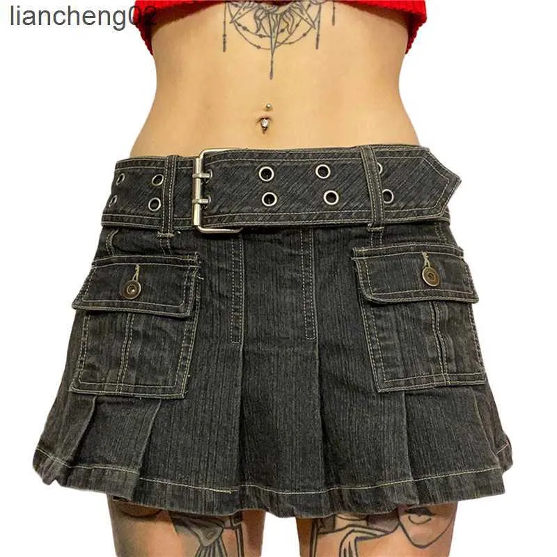 Jupes Xingqing y2k jupe en jean 2000s esthétique femmes Fairycore Grunge taille basse une ligne jupes plissées mode jean jupe Streetwear W0308