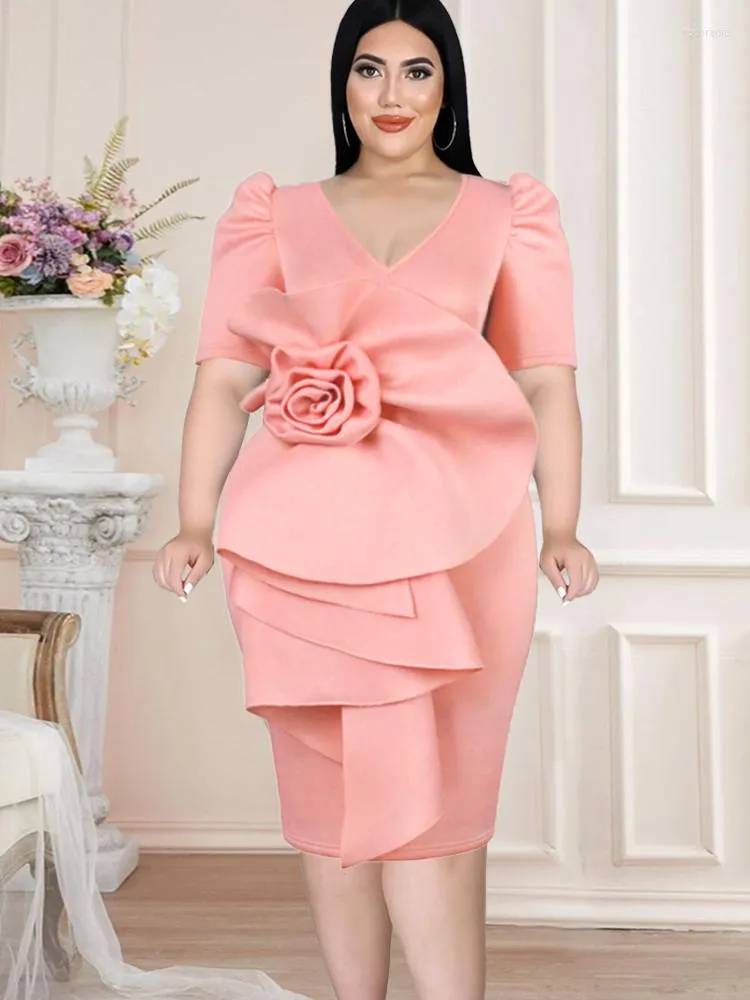 Sukienki plus size różowe kobiety V Neck krótki bufiasty rękaw duży kwiat do kolan stroje dla pań wieczorowe suknie na przyjęcie urodzinowe 4XL