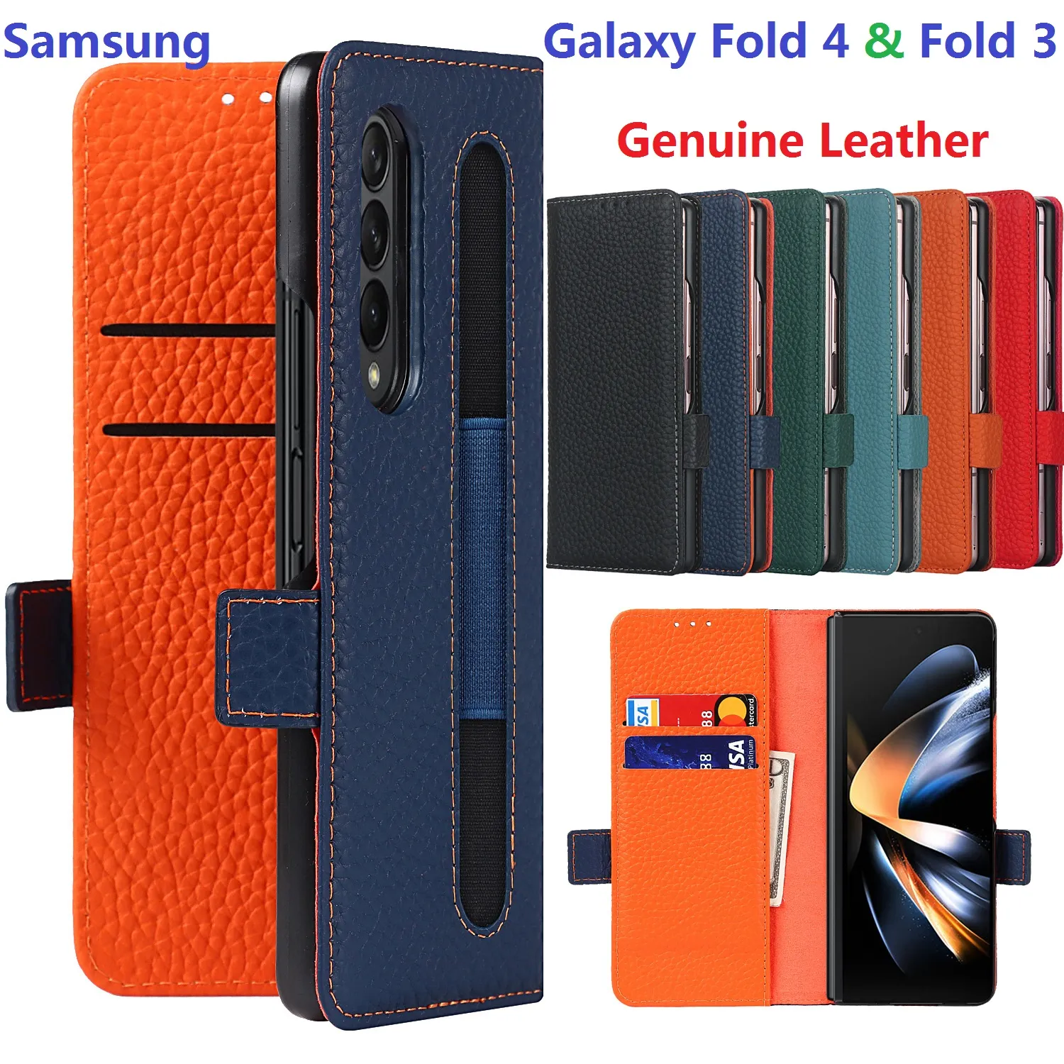 Äkta läderfodral för Samsung Galaxy Z Fold 4 5 3 Fold3 Fold5 Case Flip Book Pen Slot Card Magnetic Plånbok Skyddsskydd