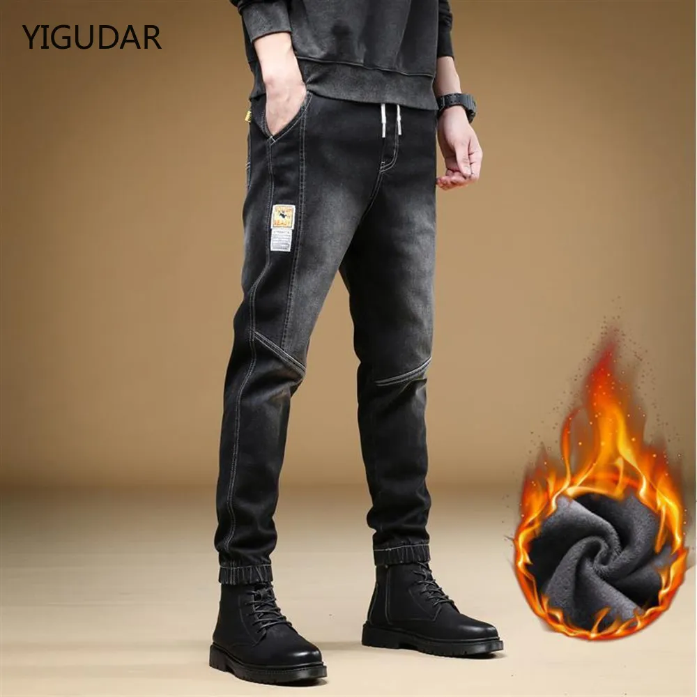 Jeans pour hommes Hiver Mode Streetwear Hommes Jeans Coupe ample Rétro Bleu Spliced Designer Harem Jeans Hommes Cargo Pantalon Hip Hop Velours Chaud Jeans 230308