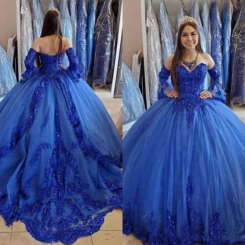 Prinzessin Blau Quinceanera Kleid Süßes 15 Kleid 2023 Glitzer Pailletten Tüll Glänzende Ballkleider Mit Ärmeln Mexikanisches Vestido De Xv Anos Robe De Bal Süße 16 Geburtstagsfeier