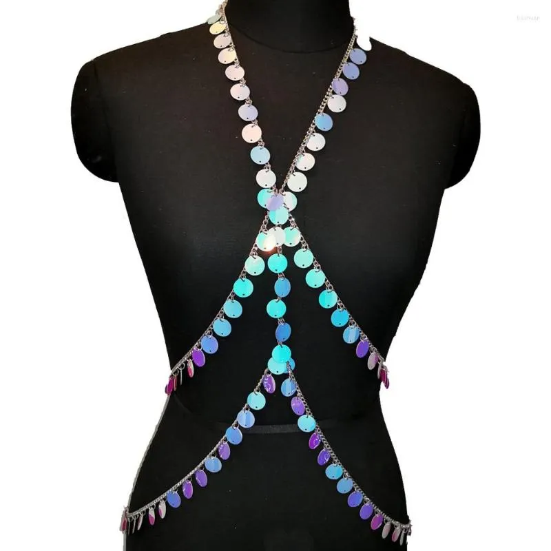 Stage Wear Holographics Disco Seascale Crop Top Ventre Taille Ceinture Chaîne Collier Rave Soutien-Gorge Festival Costume Danseur Bijoux CRS604