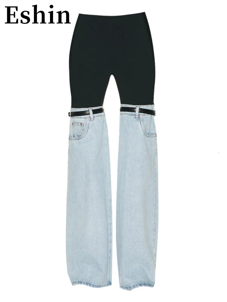 Kvinnors byxor s eshin designkänsla skarv jeans vår 2023 hög midja rak bred ben mode personlighet chic kvinnlig th1098 230308