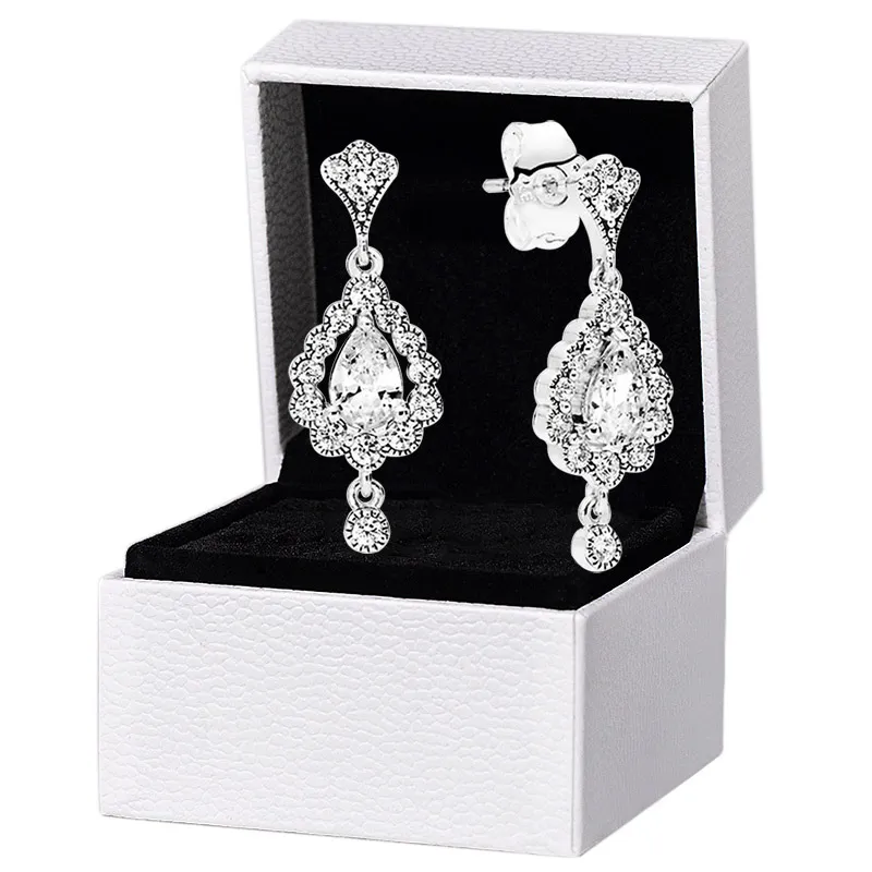 Orecchini pendenti a goccia scintillanti in argento sterling 925 per donne Pandora Gioielli di design per matrimoni Regalo per fidanzate Orecchini con diamanti CZ con scatola originale
