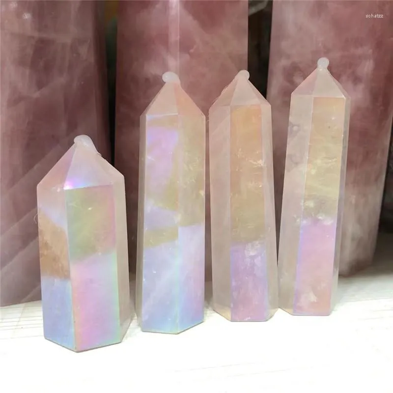 Decoratieve beeldjes 1 van de natuurlijke Aura Rose Quartz Crystal Point Wand Healing Stone Energy Home Decoratie Reiki gepolijste Chakra Tower