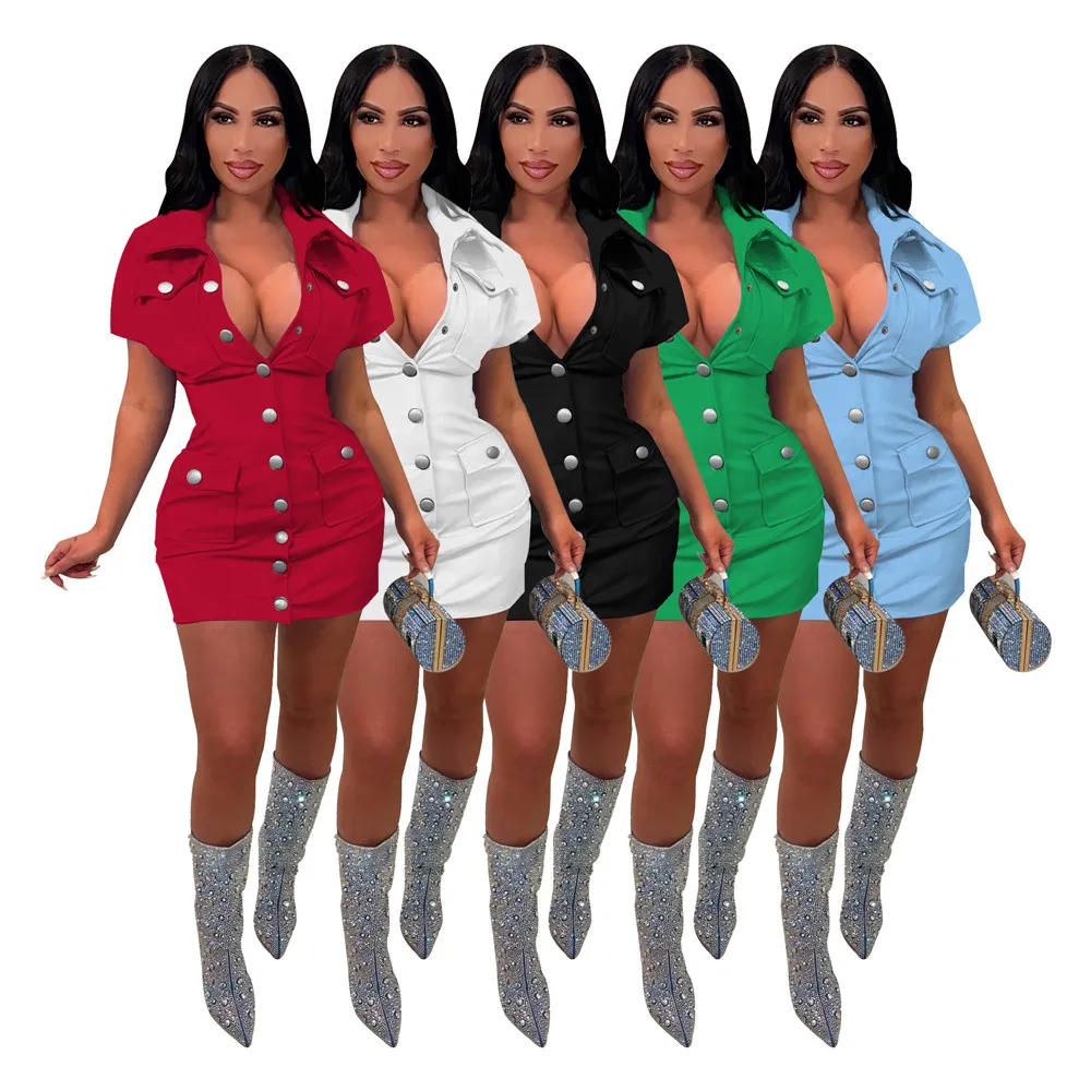 Yeni Tasarımcı Yaz Elbiseleri Kadın Kısa Kollu Mini Elbise Bayanlar Dönüş Yaka Tek Kelime Breasted Rahat Elbise Tatil Parti Giyim Toptan Kıyafetler 9423