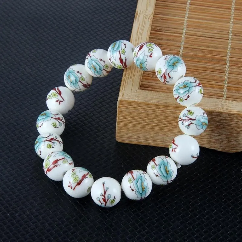 Bracciale con fili di perline, gioielli, perline in ceramica, colore blu e bianco, motivo floreale in porcellana, braccialetto con applicazioni selvagge