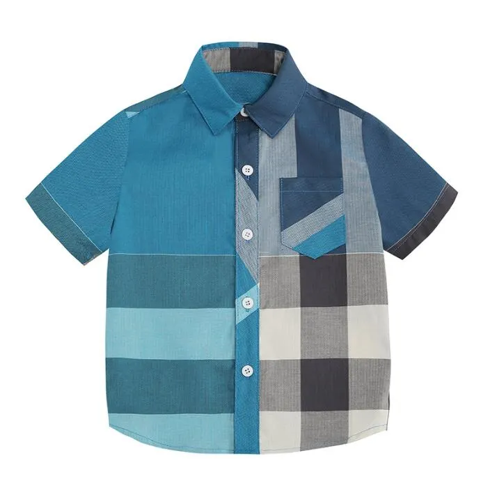 Baby Boys Blue Plaid Shirts Summer Kids Short Sleeve Shirt Cotton Children Turn-Down Collar Shirt Child Tops Tees Clothes 3-8 Years